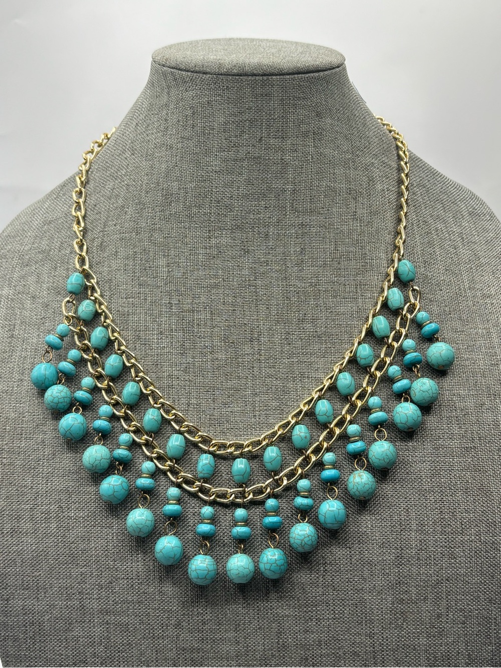 Gold Tone Faux Turquoise Bead Statement Bib Necklace Boho Chunky Multi Layered